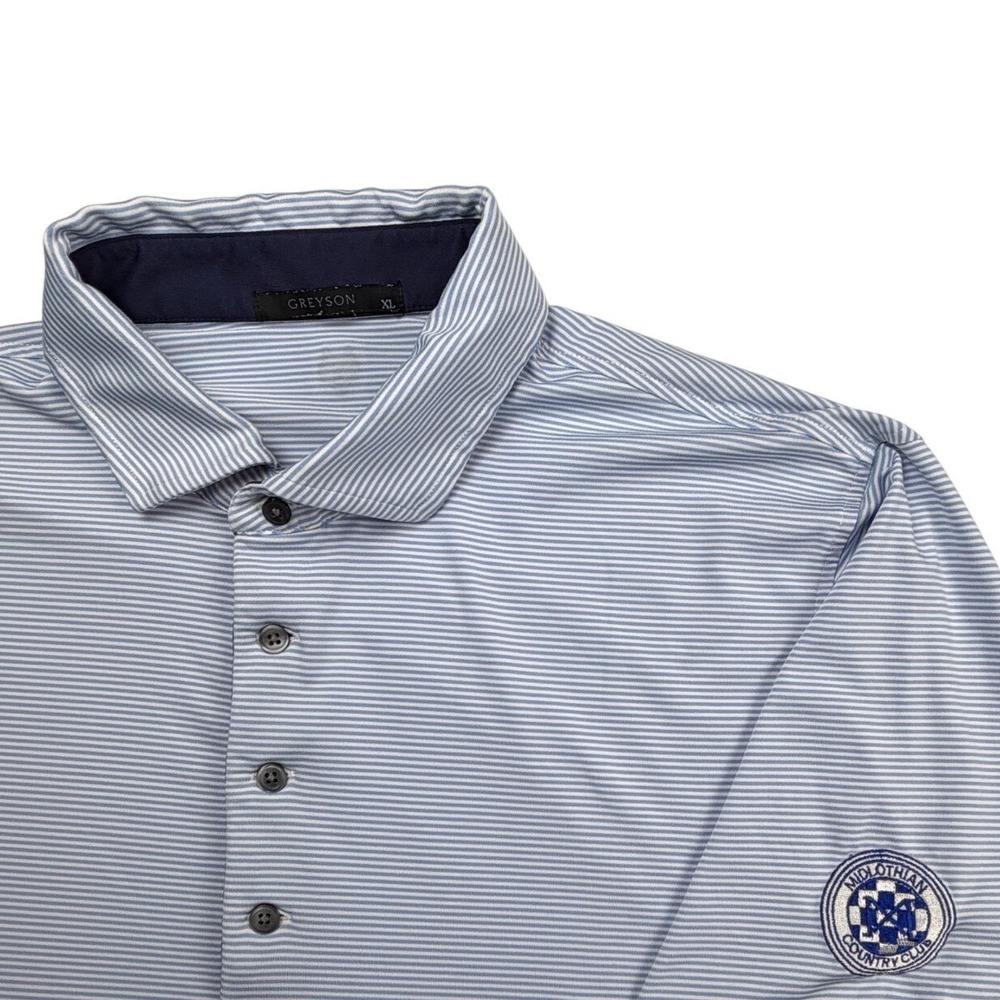 Greyson Mens XL Golf Polo Shirt Blue White Stripe Midlothian Country Club Logo